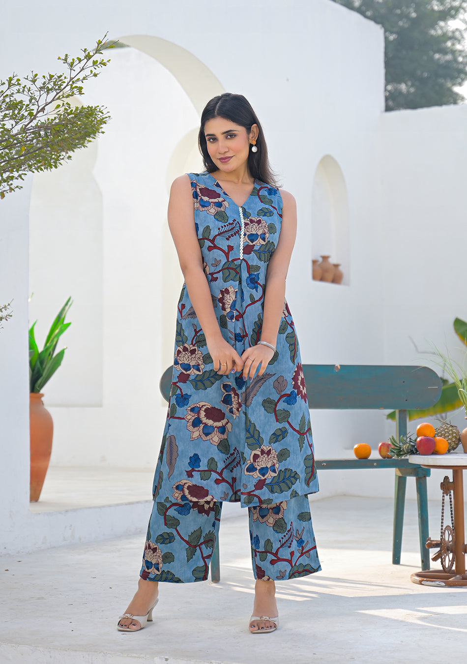 Ammanya Dusty Blue Floral Vine Printed Co-ord Set