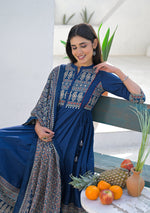 Blue Paisley Printed Cotton Anarkali Kurta Pant Set With Dupatta