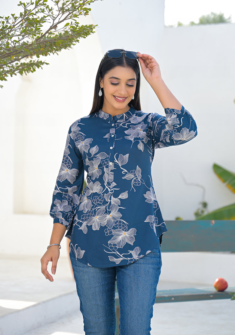 Ammanya ink blue floral print top