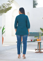 Ammanya Teal Flamingo Embroidered Cotton Flex Top