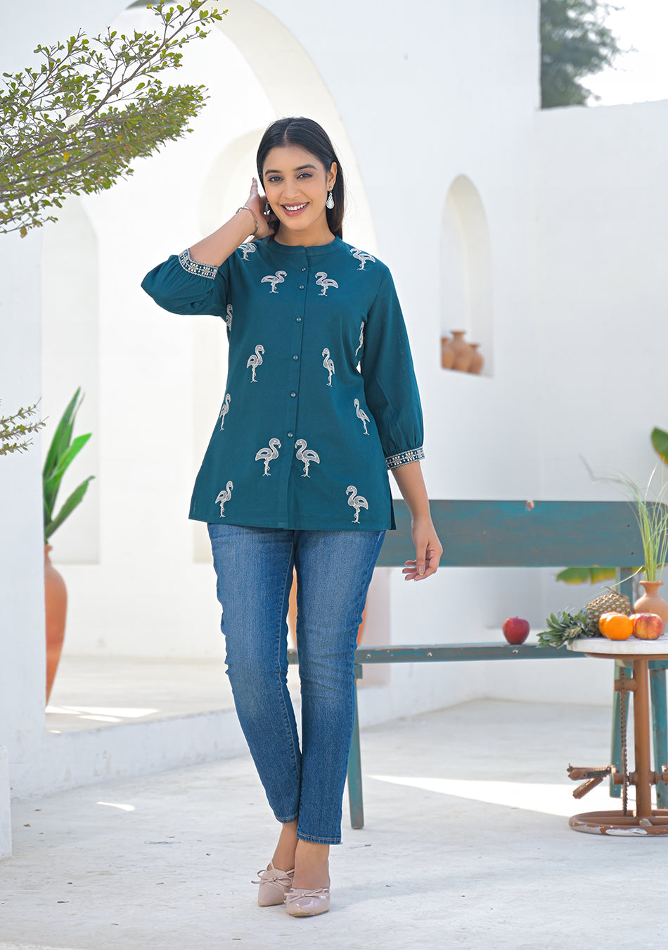 Ammanya Teal Flamingo Embroidered Cotton Flex Top