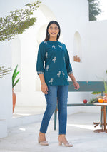 Ammanya Teal Flamingo Embroidered Cotton Flex Top