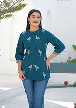 Ammanya Teal Flamingo Embroidered Cotton Flex Top
