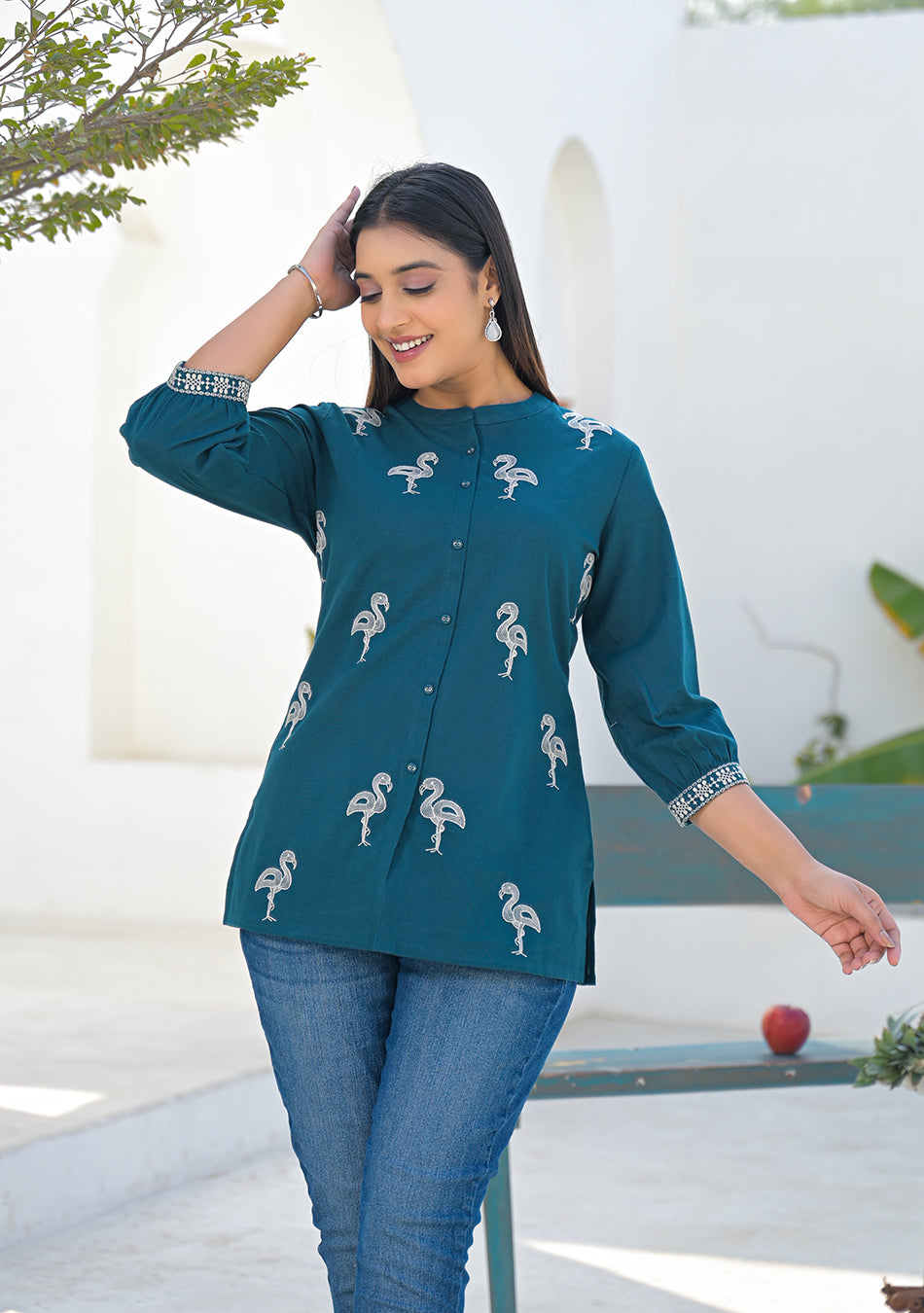 Ammanya Teal Flamingo Embroidered Cotton Flex Top