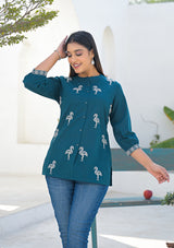 Ammanya Teal Flamingo Embroidered Cotton Flex Top