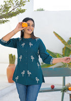 Ammanya Teal Flamingo Embroidered Cotton Flex Top