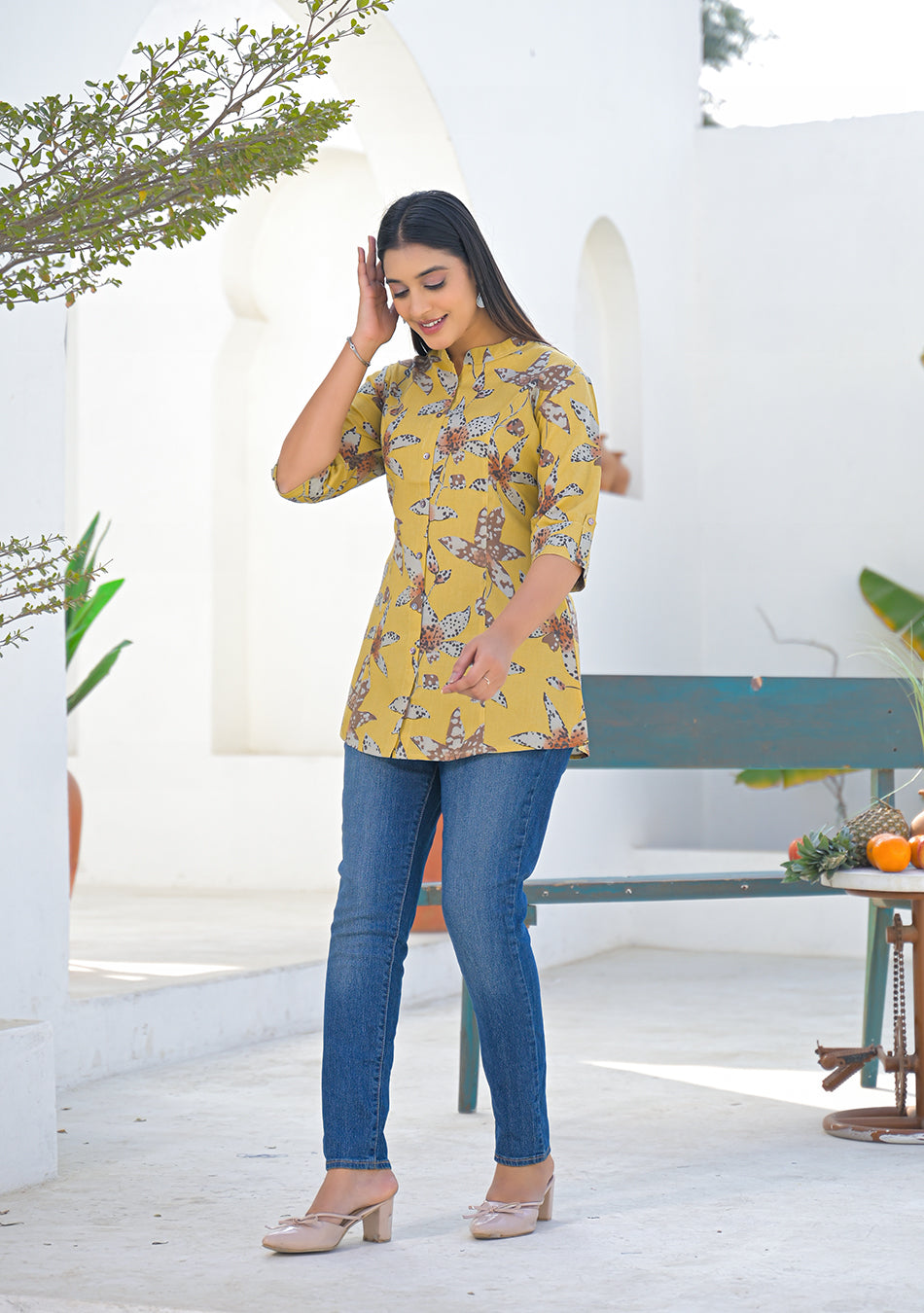 Ammanya Mustard Botanical Print Top