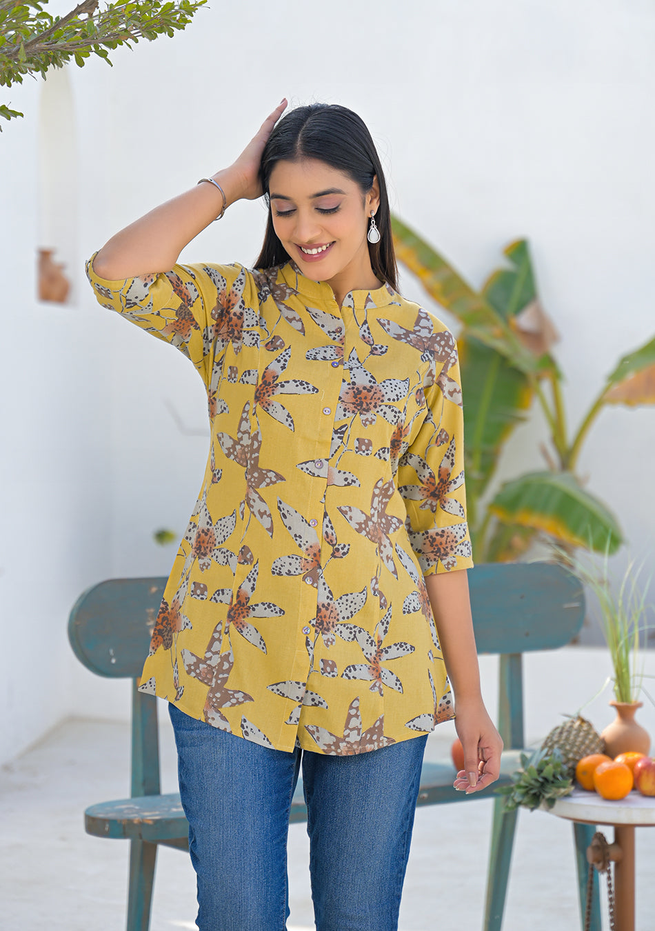 Ammanya Mustard Botanical Print Top