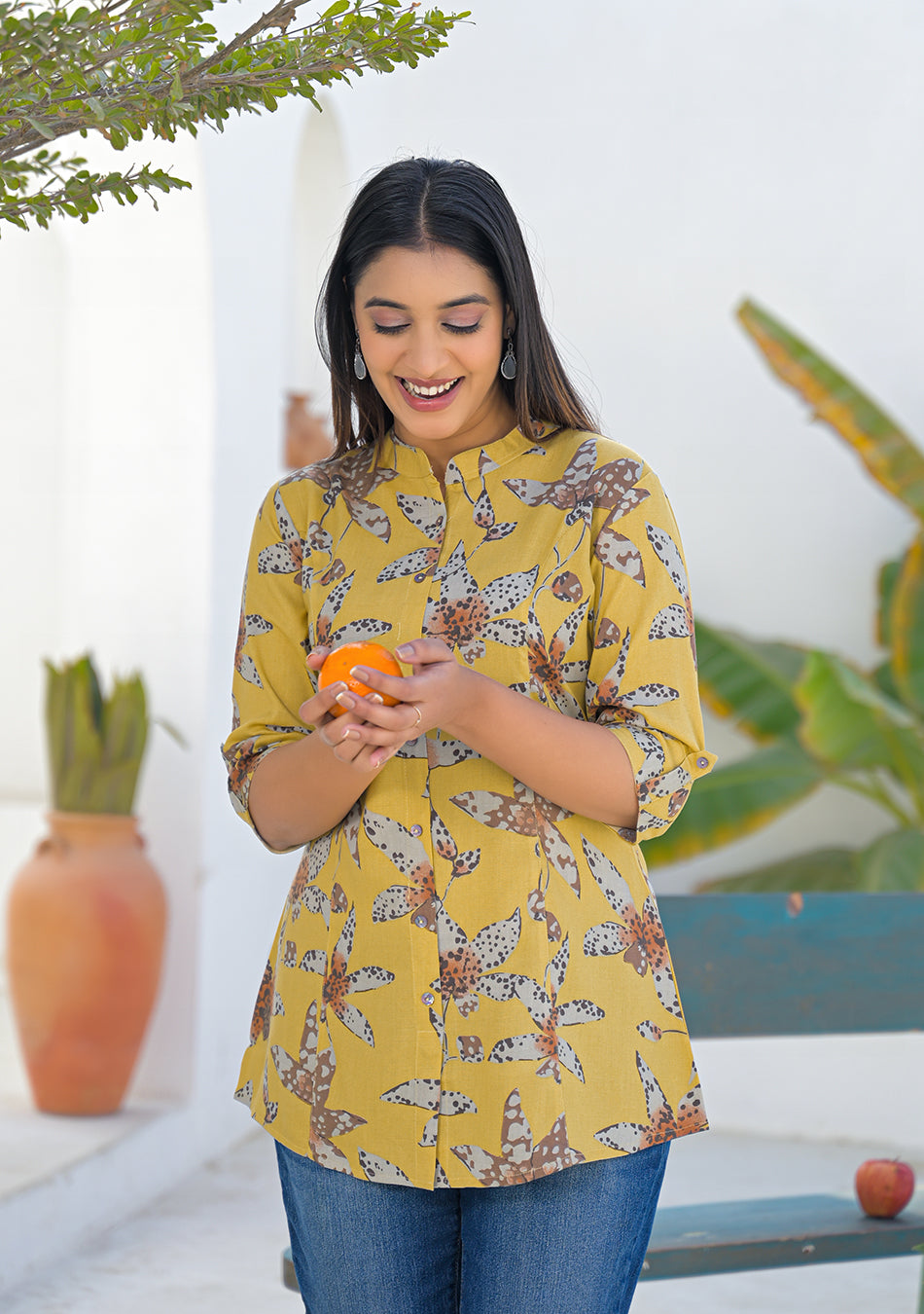 Ammanya Mustard Botanical Print Top
