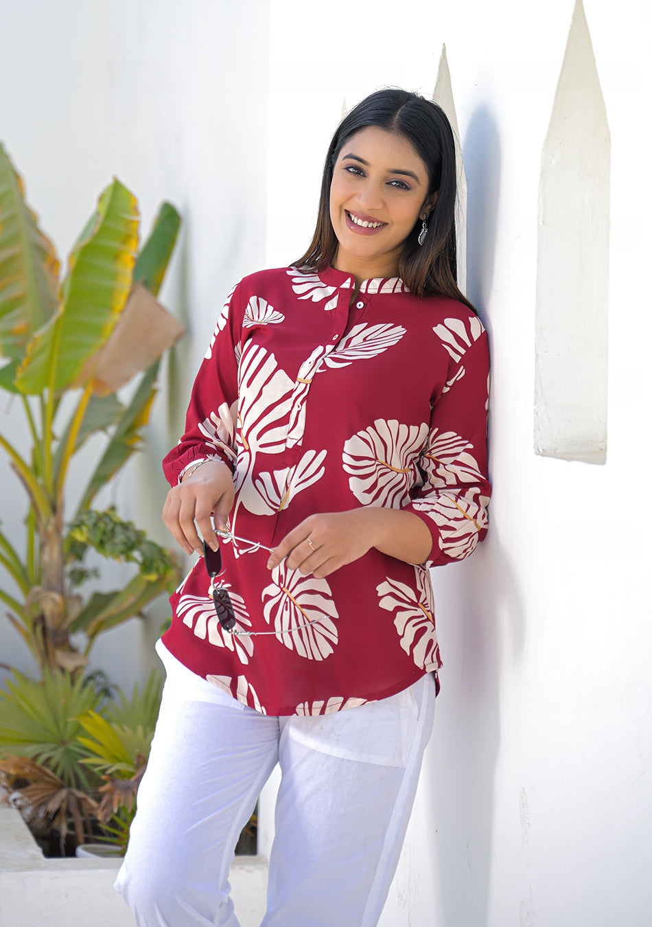Ammanya Wine Tropical Leaf Print Top