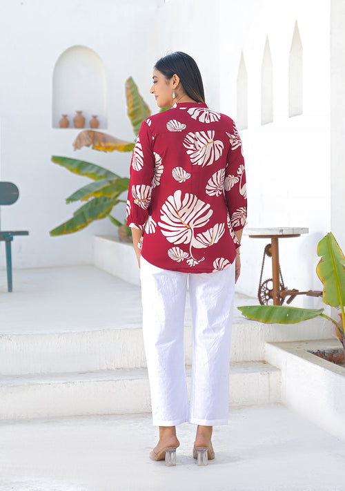 Ammanya Wine Tropical Leaf Print Top
