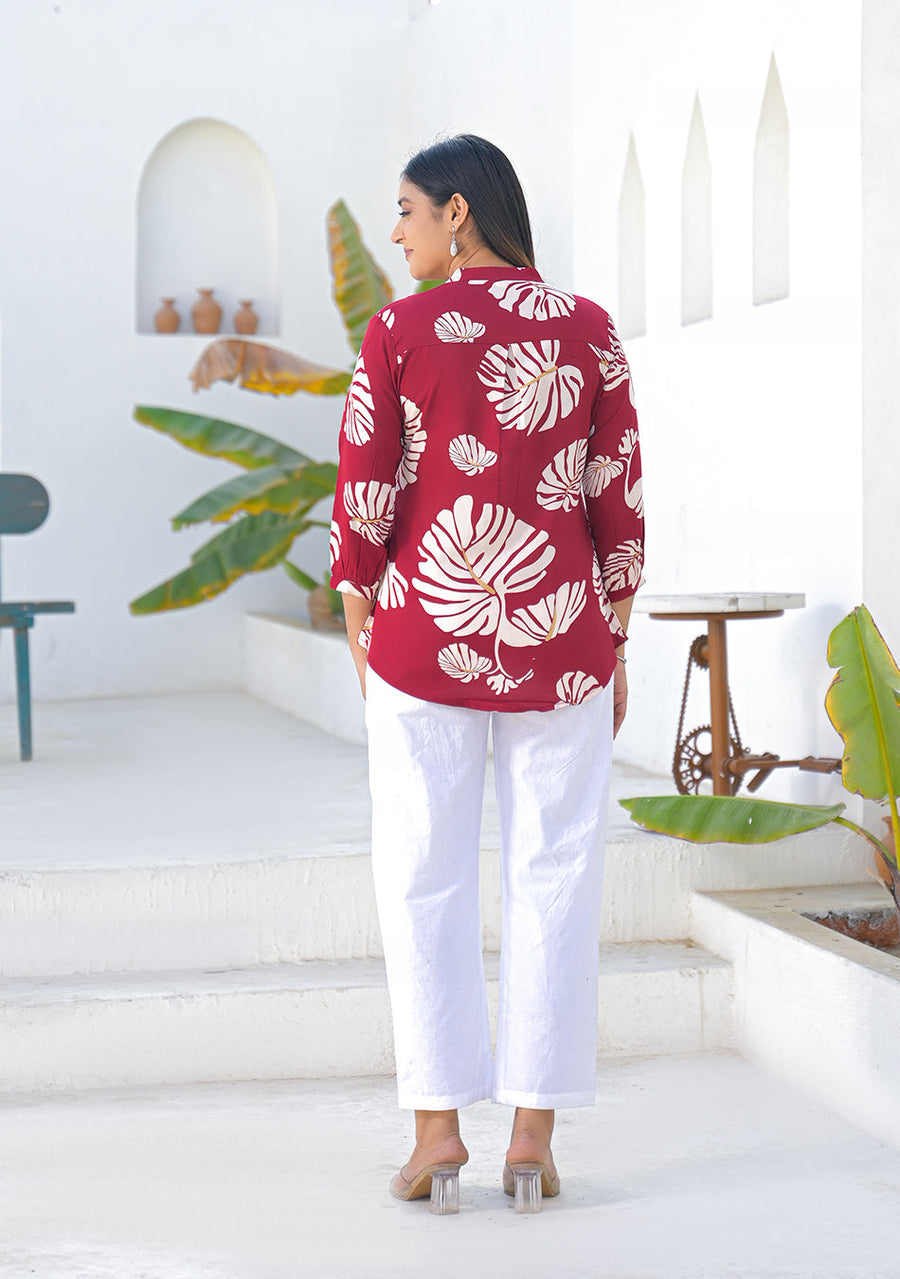 Ammanya Wine Tropical Leaf Print Top