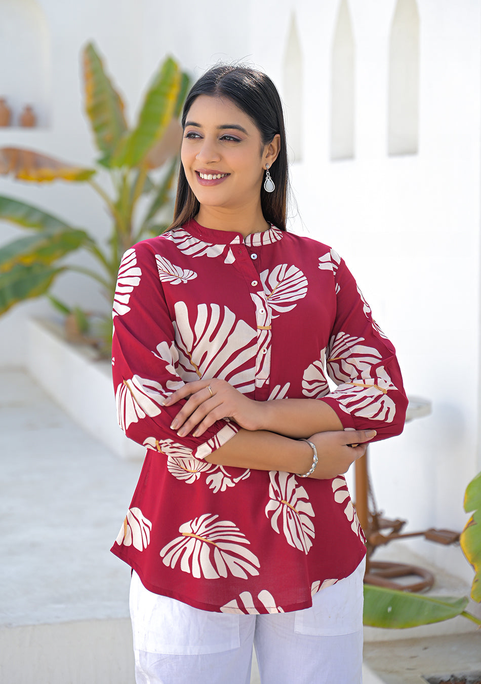 Ammanya Wine Tropical Leaf Print Top
