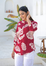 Ammanya Wine Tropical Leaf Print Top