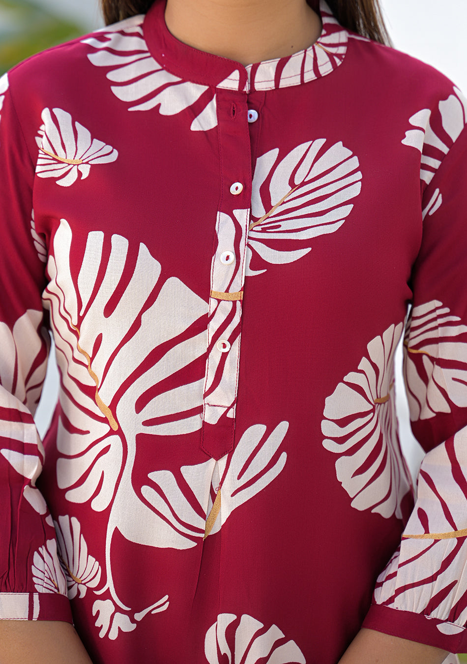 Ammanya Wine Tropical Leaf Print Top