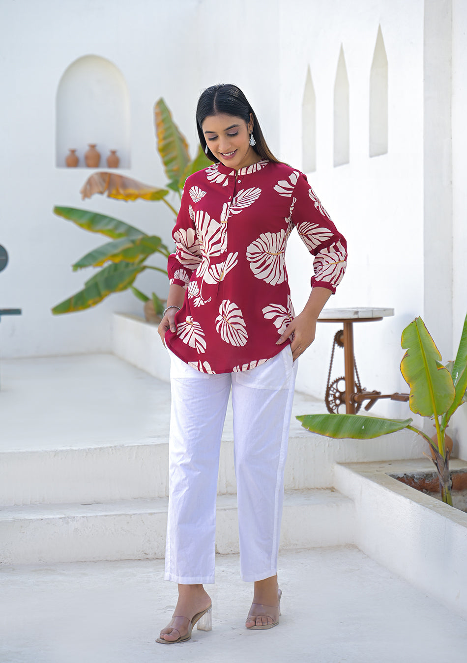 Ammanya Wine Tropical Leaf Print Top