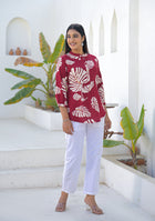Ammanya Wine Tropical Leaf Print Top