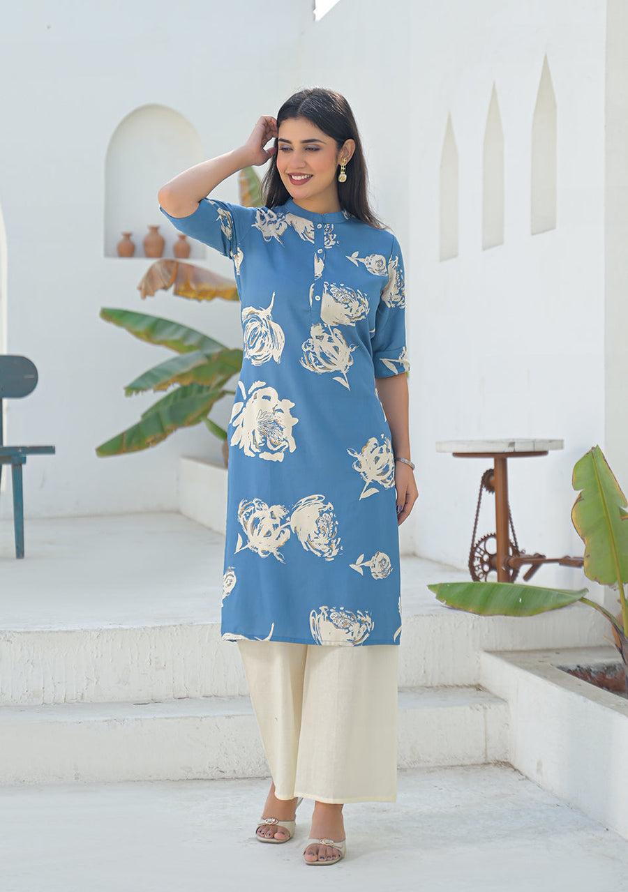 Ammanya Dusty Blue Botanical Kurta