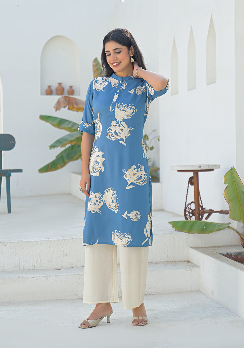 Ammanya Dusty Blue Botanical Kurta