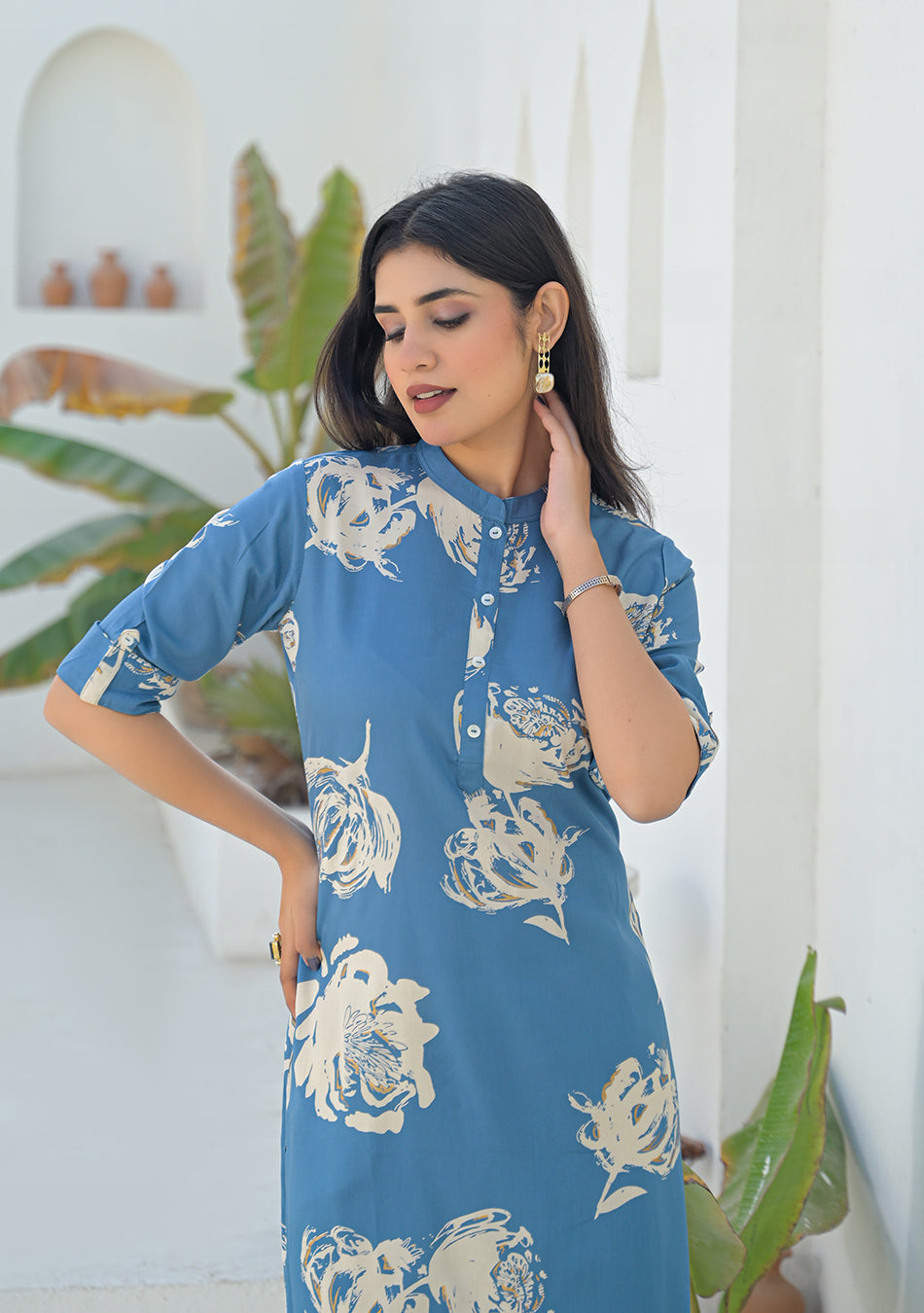Ammanya Dusty Blue Botanical Kurta