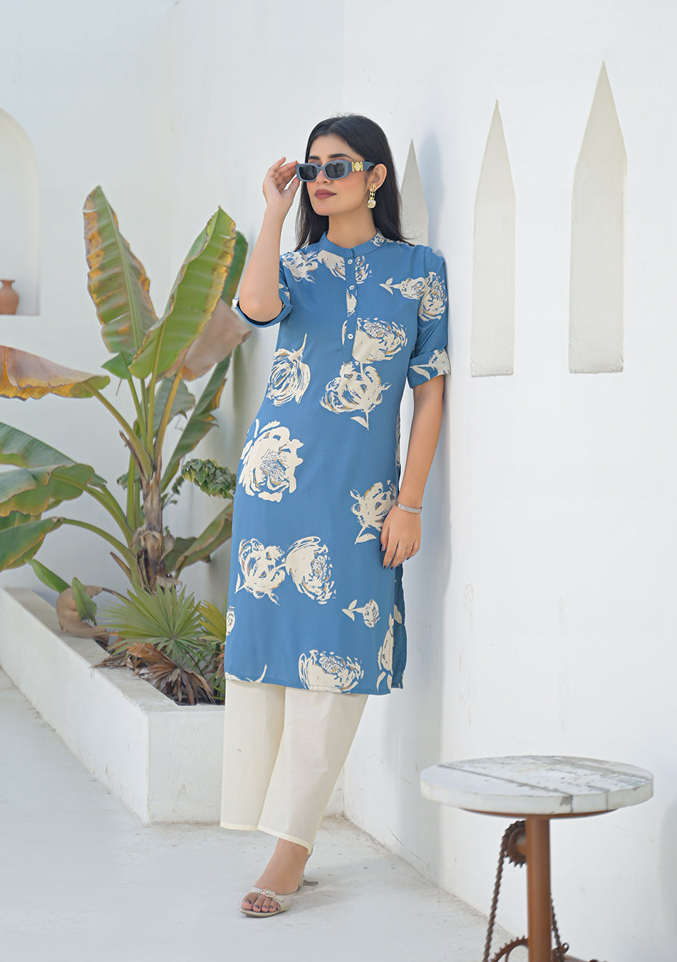 Ammanya Dusty Blue Botanical Kurta