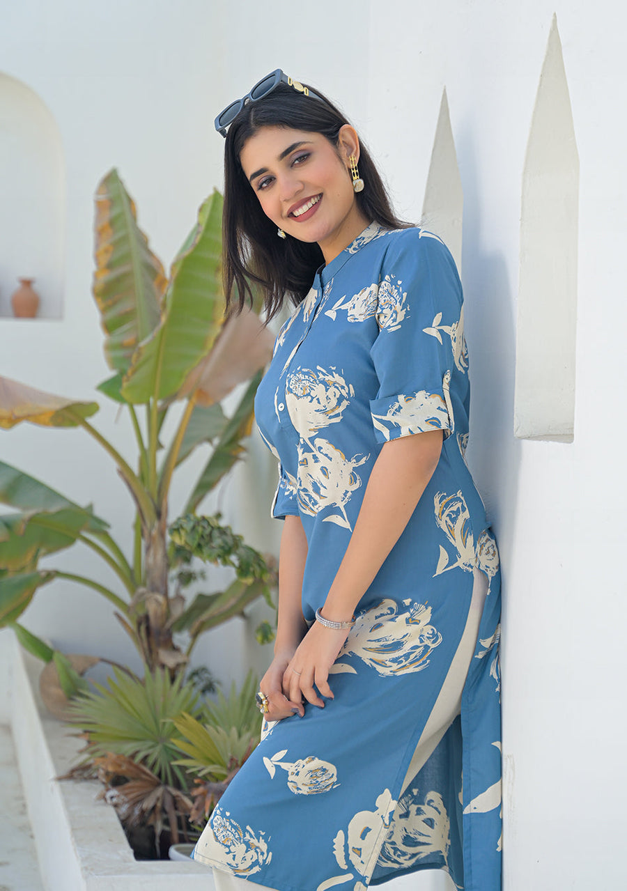 Ammanya Dusty Blue Botanical Kurta