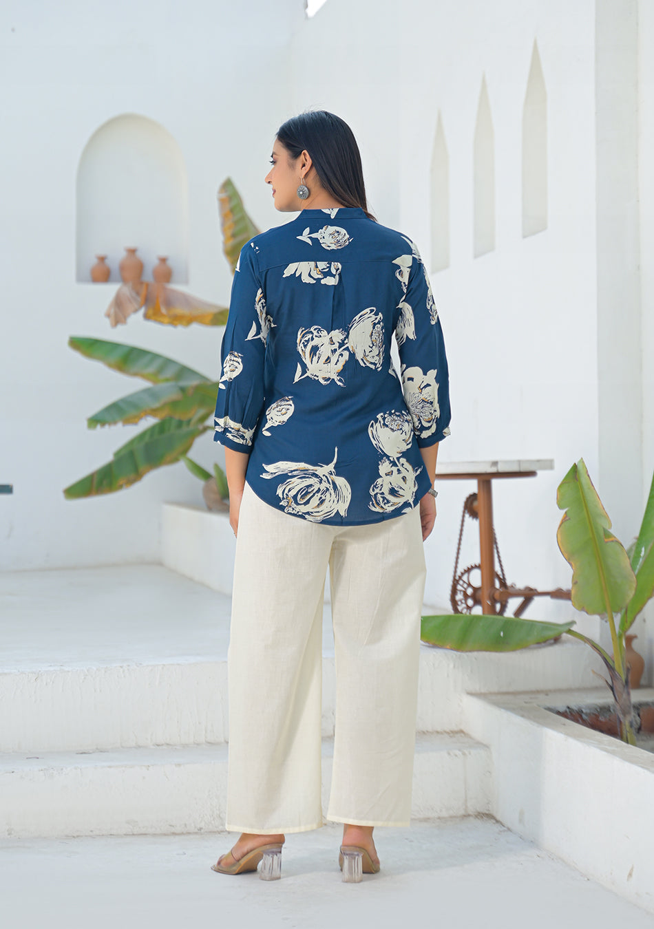 Ammanya Deep Teal Botanical Brush Print Top