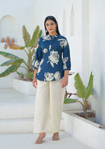 Ammanya Deep Teal Botanical Brush Print Top