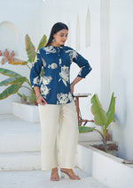 Ammanya Deep Teal Botanical Brush Print Top