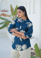 Ammanya Deep Teal Botanical Brush Print Top