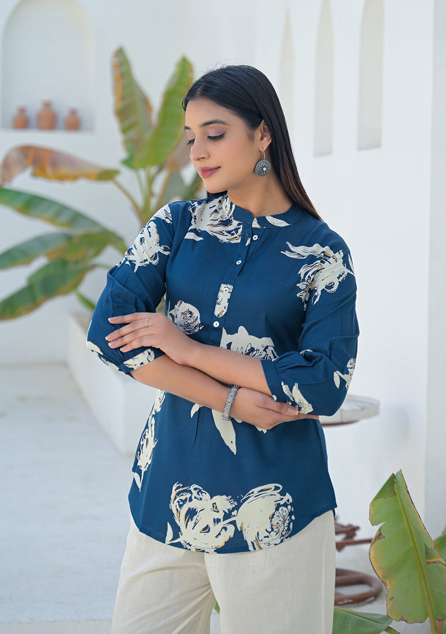 Ammanya Deep Teal Botanical Brush Print Top