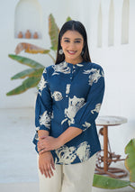 Ammanya Deep Teal Botanical Brush Print Top