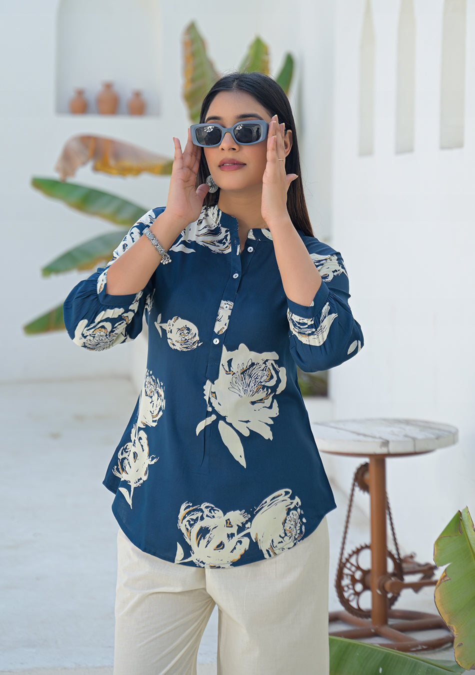 Ammanya Deep Teal Botanical Brush Print Top