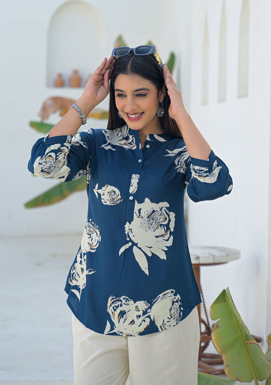 Ammanya Deep Teal Botanical Brush Print Top