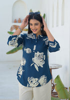 Ammanya Deep Teal Botanical Brush Print Top