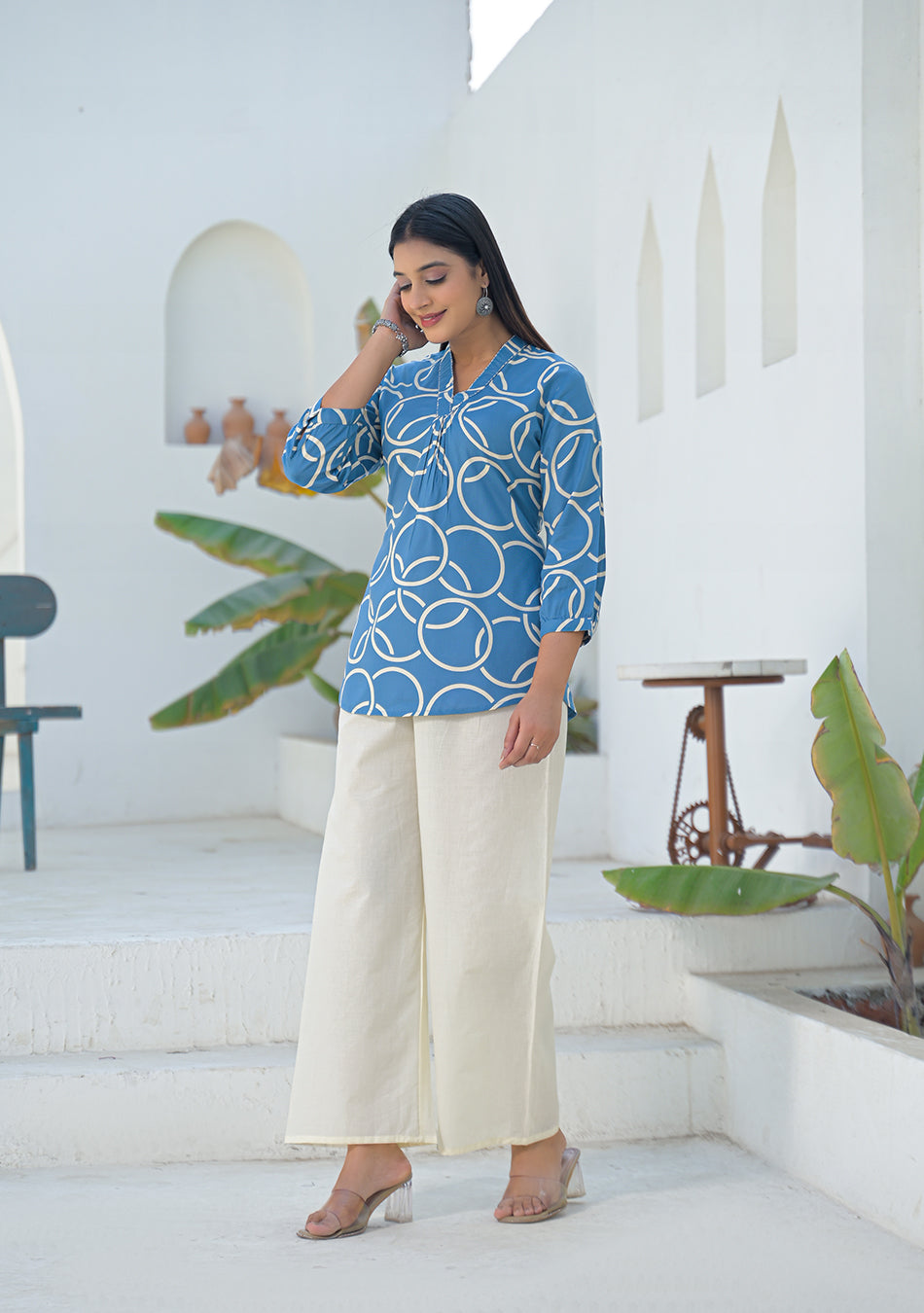 Ammanya Steel Blue Geometric Ring printed Top