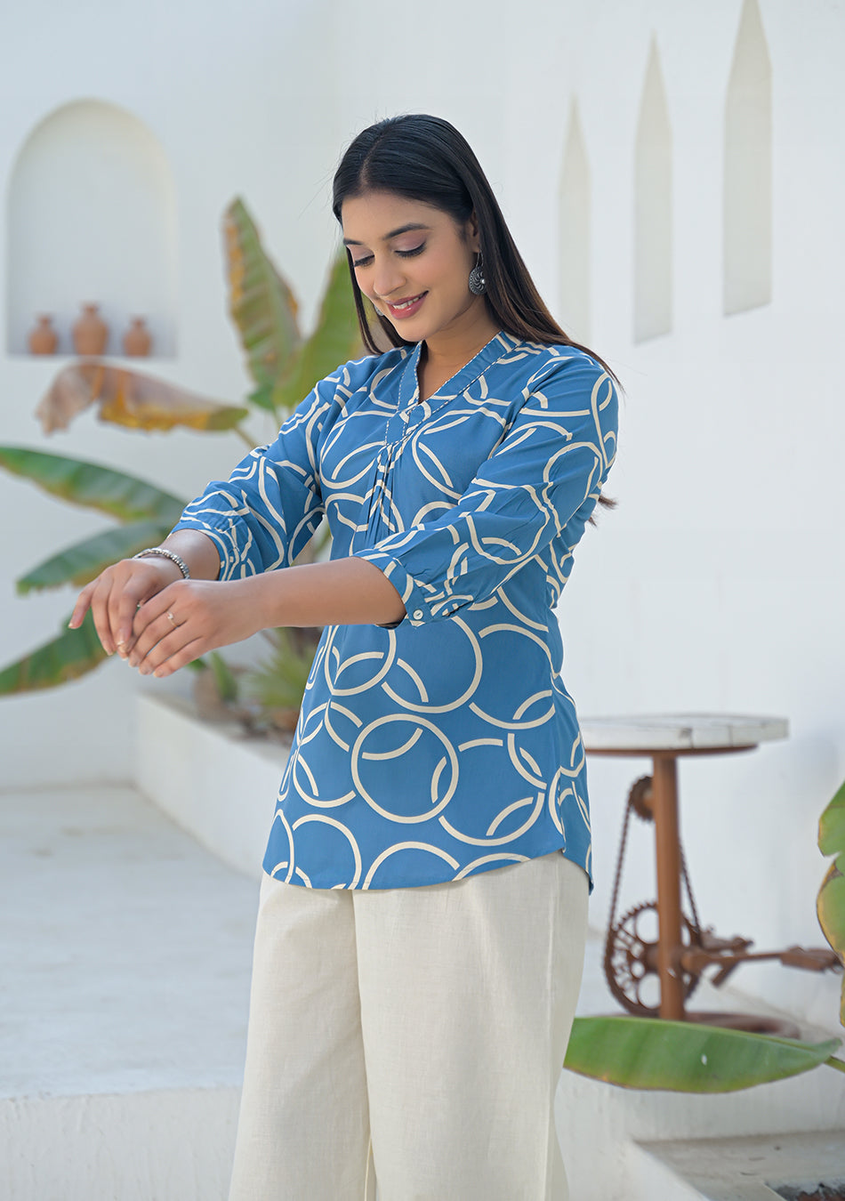Ammanya Steel Blue Geometric Ring printed Top