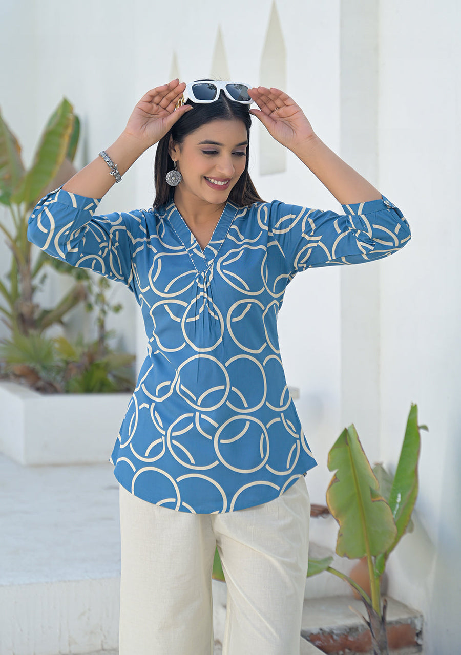 Ammanya Steel Blue Geometric Ring printed Top