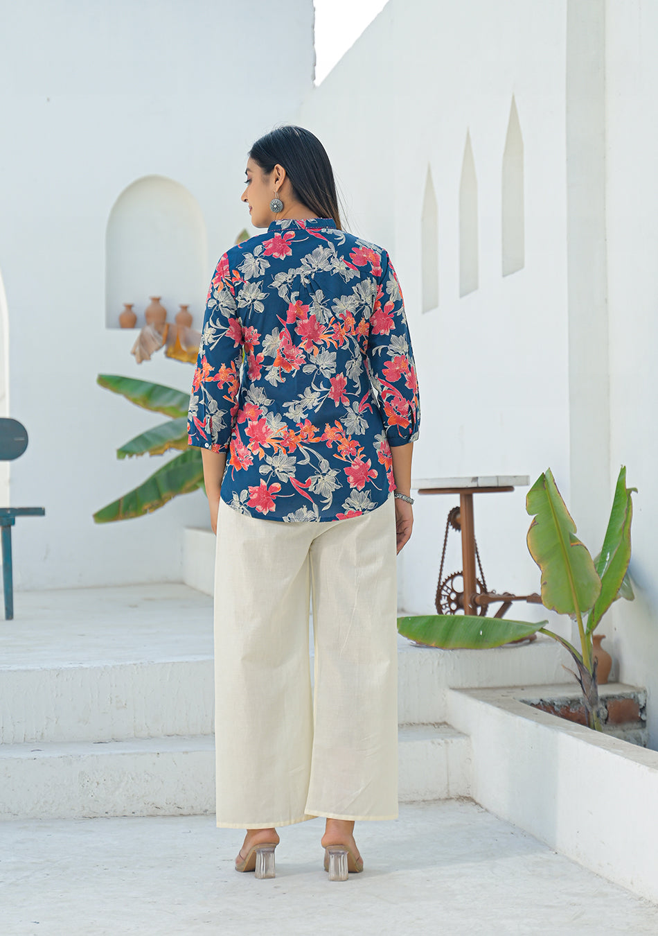 Ammanya Navy Coral Pleated Top