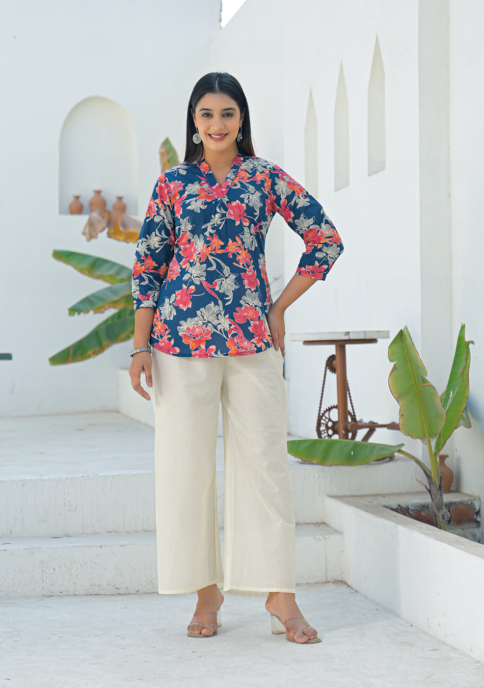 Ammanya Navy Coral Pleated Top