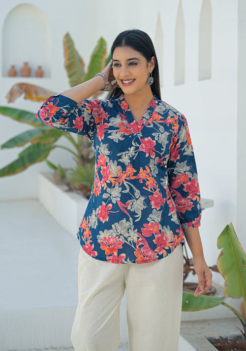 Ammanya Navy Coral Pleated Top