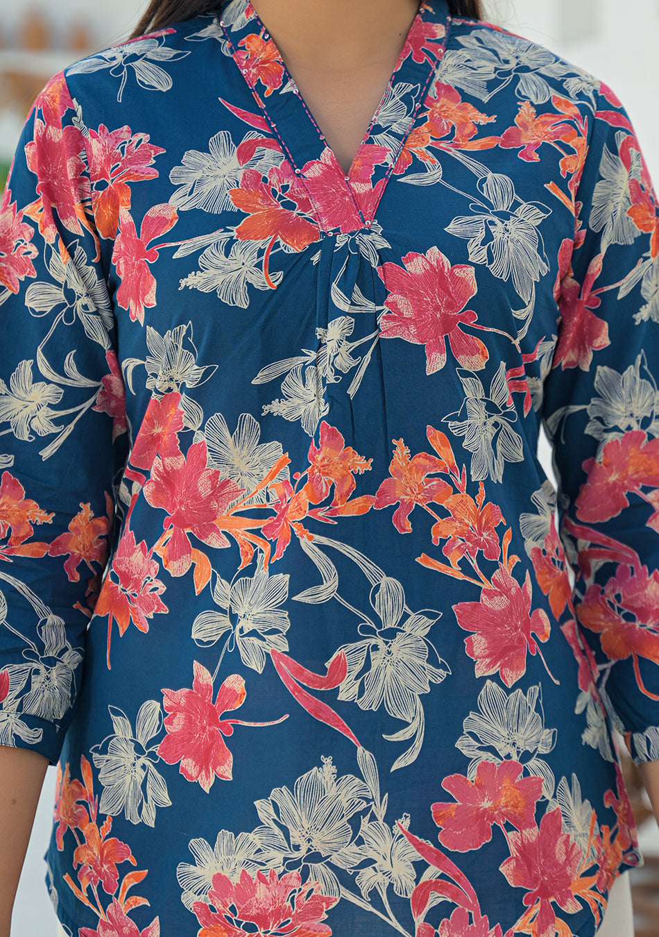 Ammanya Navy Coral Pleated Top