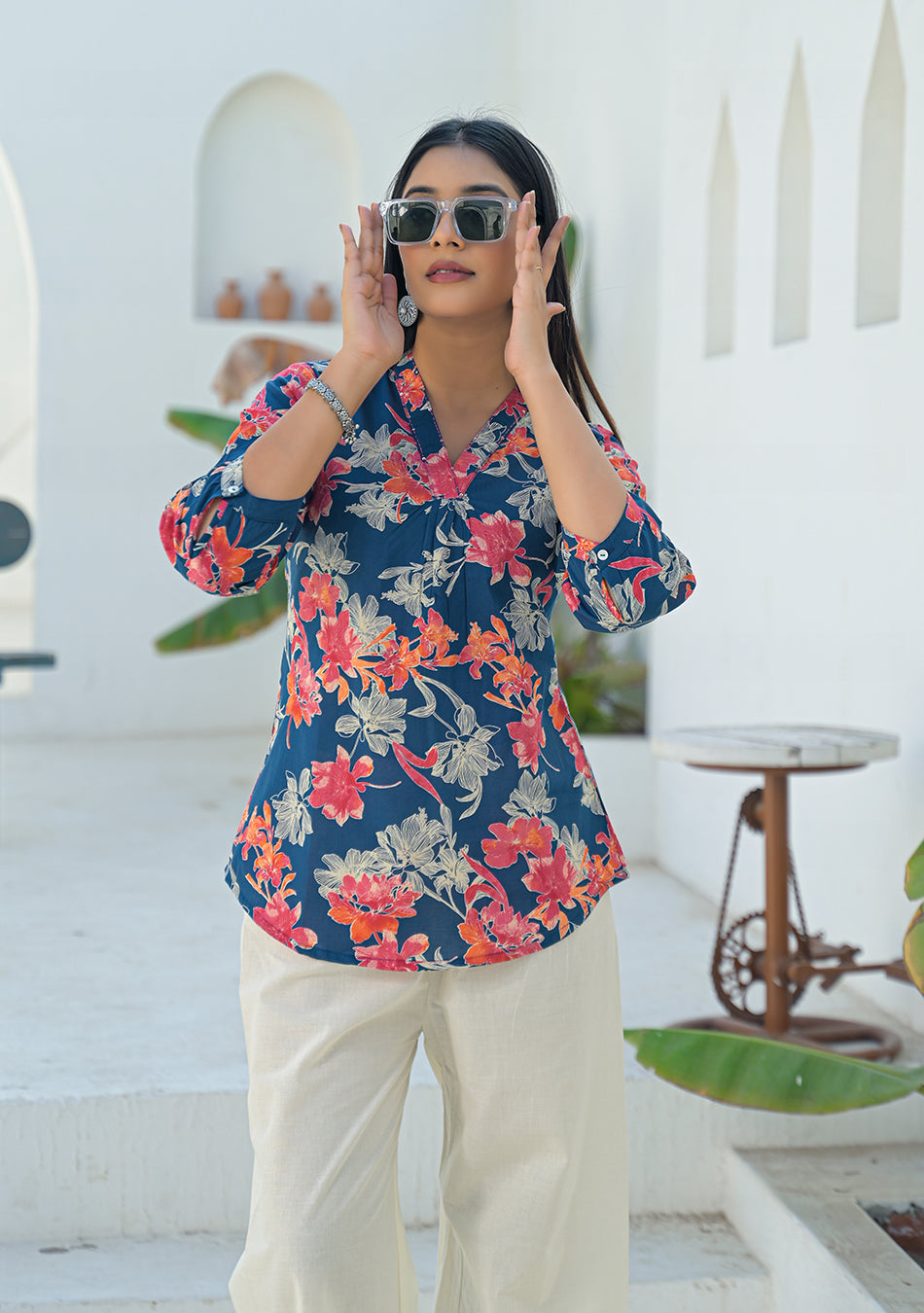 Ammanya Navy Coral Pleated Top