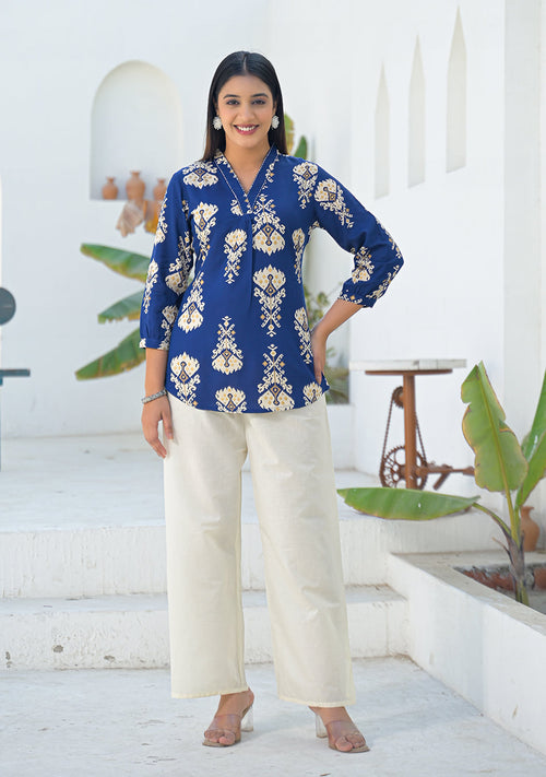 Ammanya Navy Ikat motif pleated Top
