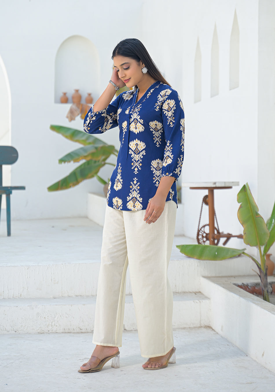 Ammanya Navy Ikat motif pleated Top