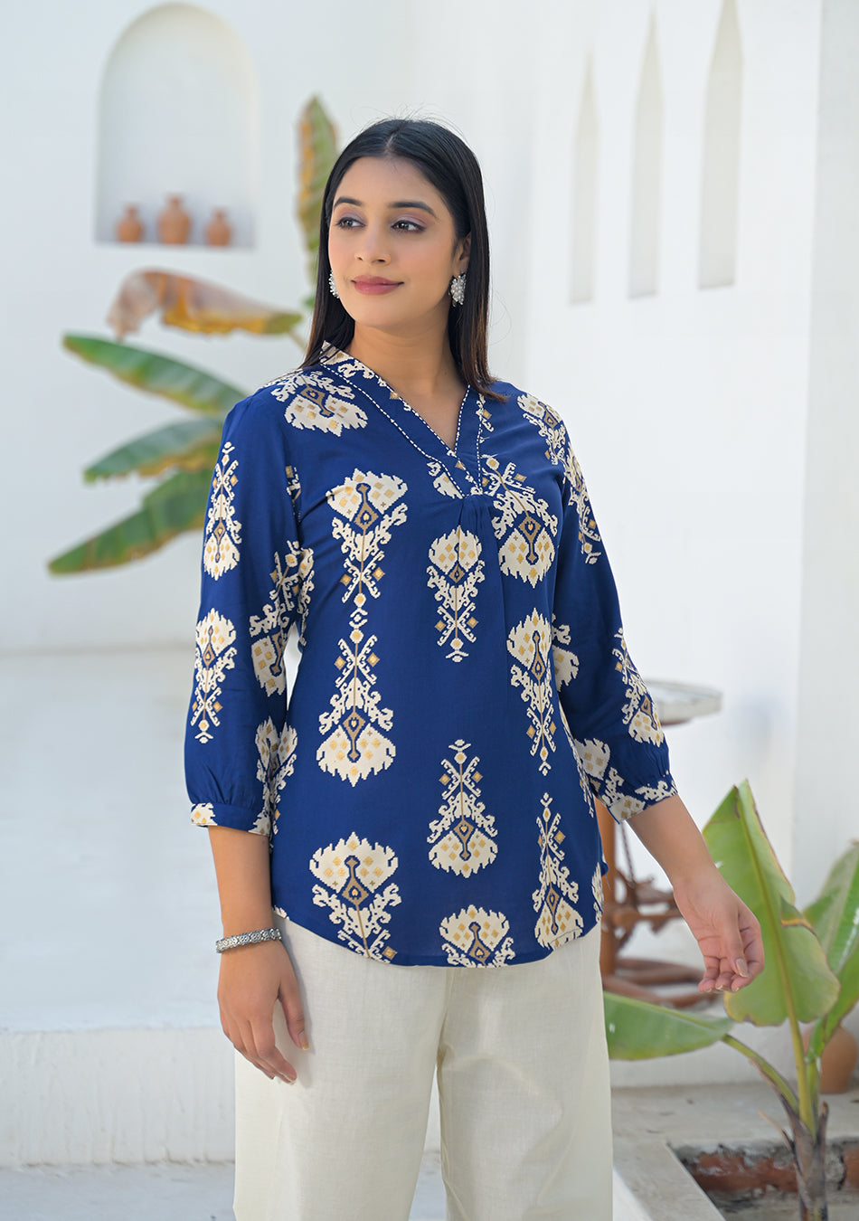 Ammanya Navy Ikat motif pleated Top