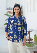 Ammanya Navy Ikat motif pleated Top