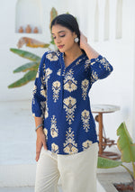 Ammanya Navy Ikat motif pleated Top