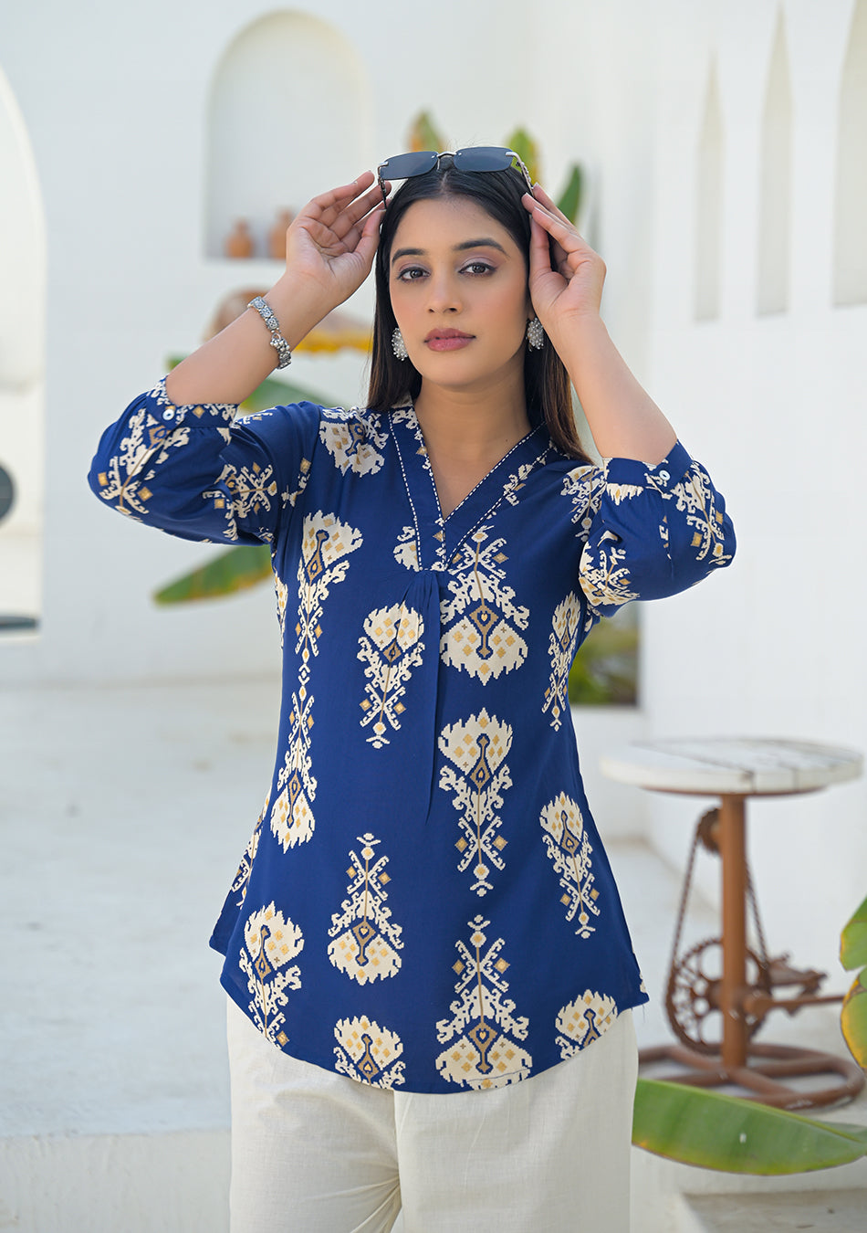 Ammanya Navy Ikat motif pleated Top