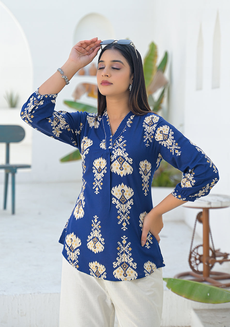 Ammanya Navy Ikat motif pleated Top